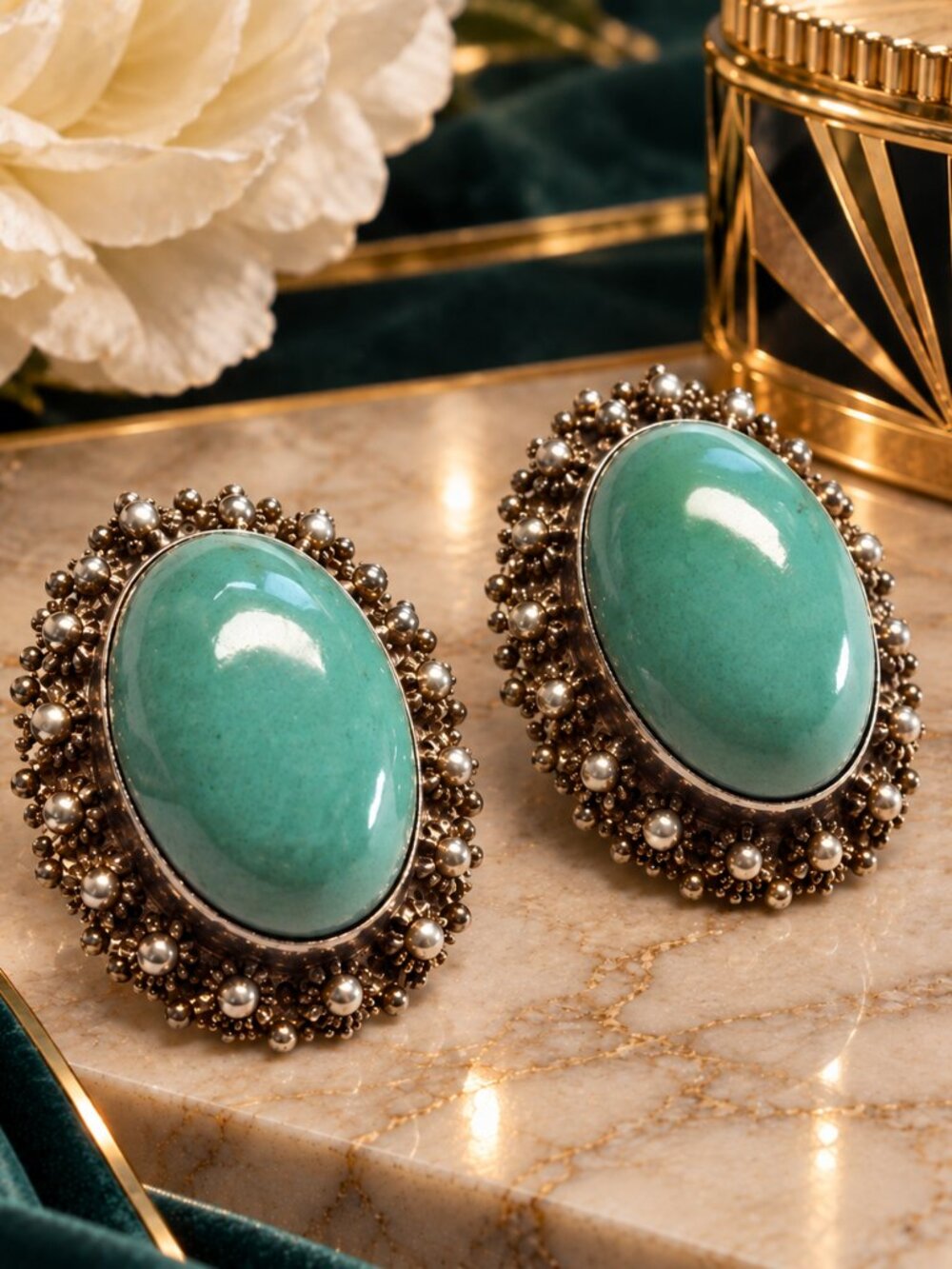 1940s-1950s Persian Style Clip Earrings Sterling w Turquoise Gems Signed Israel